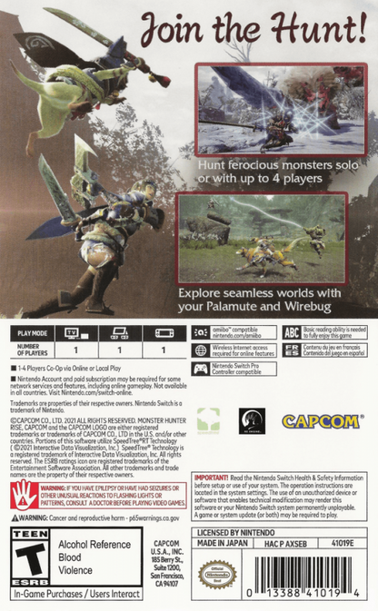 Monster Hunter Rise – Nintendo Switch (NS) Back Cover Art for this NS video Game 