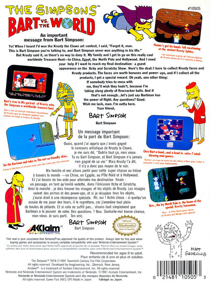 The Simpsons: Bart vs. the World cartridge for the Nintendo Entertainment System featuring Bart Simpson traveling the globe in a colorful 8 bit side scrolling adventure based on the classic animated series back cover art
