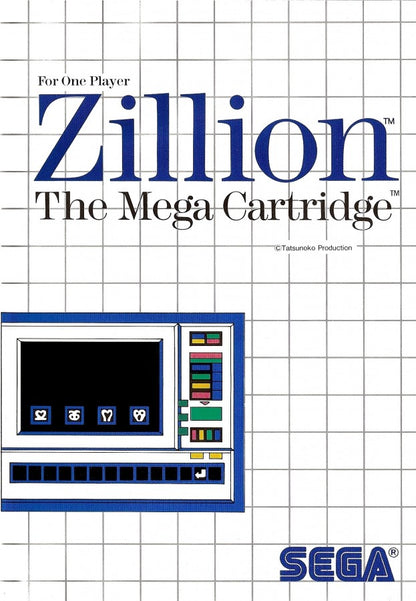 Zillion Sega Master System SMS for action adventure platforming video game fans featuring side scrolling combat exploration futuristic environments enemy battles keycard puzzles weapon upgrades challenging missions and classic Sega Master System gameplay collectible retro gaming appeal front cover art