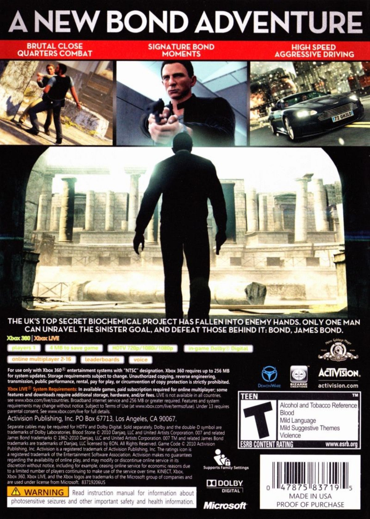 007 Blood Stone action adventure shooter video game featuring James Bond espionage missions third person gunplay cinematic storytelling and modern spy thriller experience back cover art