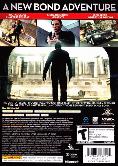 007 Blood Stone action adventure shooter video game featuring James Bond espionage missions third person gunplay cinematic storytelling and modern spy thriller experience back cover art