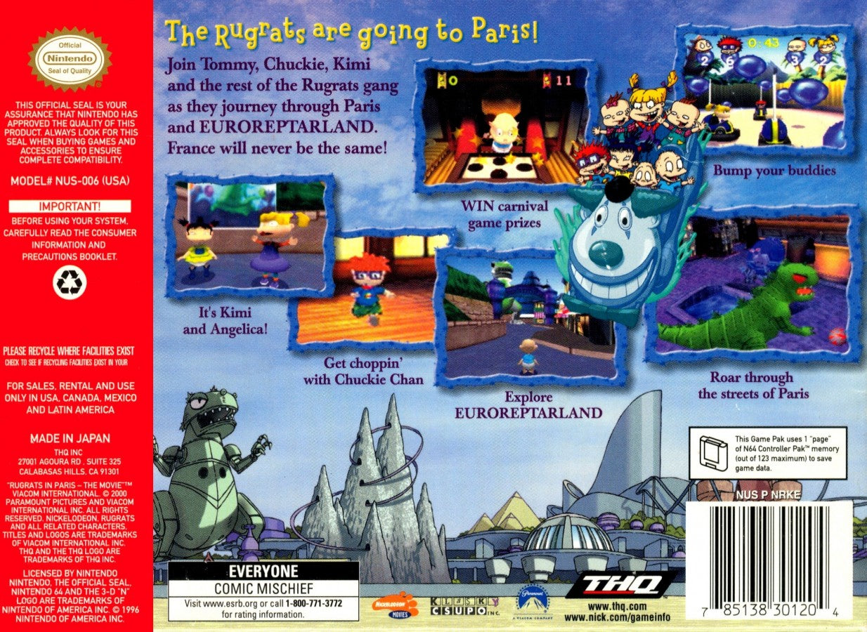 Rugrats in Paris The Movie cartridge for the Nintendo 64 featuring 3D platforming adventure gameplay with mini games as Tommy Chuckie and friends explore a colorful Paris theme park based on the animated movie back cover
