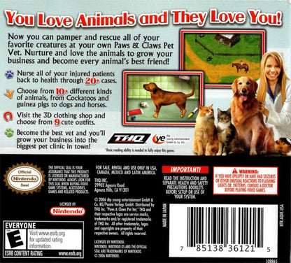 Paws & Claws: Pet Vet – Nintendo DS: Care for sick animals and manage your own growing veterinary clinic with fun, hands-on pet activities back cover