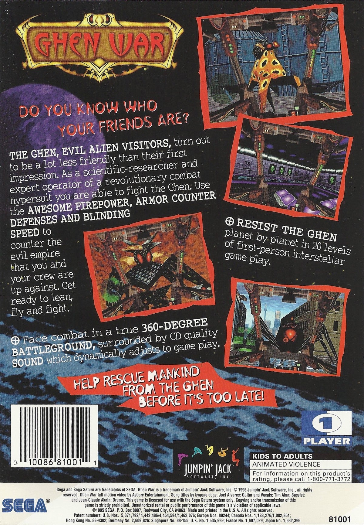 Ghen War Sega Saturn first person mech shooter sci fi combat giant robot warfare futuristic military missions cockpit gameplay arcade style action Sega Saturn exclusive retro gaming software video game title back cover art