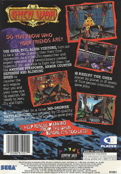Ghen War Sega Saturn first person mech shooter sci fi combat giant robot warfare futuristic military missions cockpit gameplay arcade style action Sega Saturn exclusive retro gaming software video game title back cover art