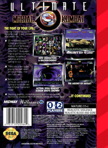 Ultimate Mortal Kombat 3 back cover art for Sega Genesis (GEN) video game