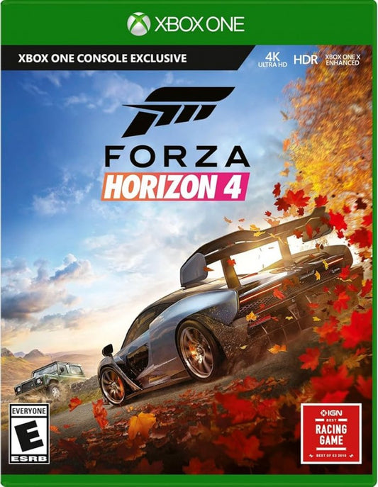 Forza Horizon 4 Xbox One for racing video game fans featuring open world driving exploration hundreds of customizable cars dynamic seasons realistic graphics online multiplayer street racing off road events stunning British countryside environments immersive automotive adventure collectible gaming appeal front cover art
