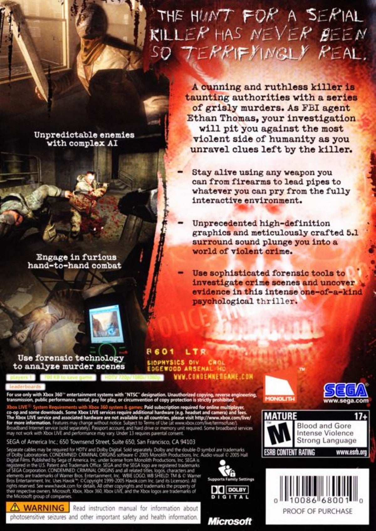 Condemned Criminal Origins Platinum Hits for Xbox 360 first person survival horror video game featuring forensic investigation melee combat intense psychological terror and dark atmospheric crime thriller gameplay experience back cover art