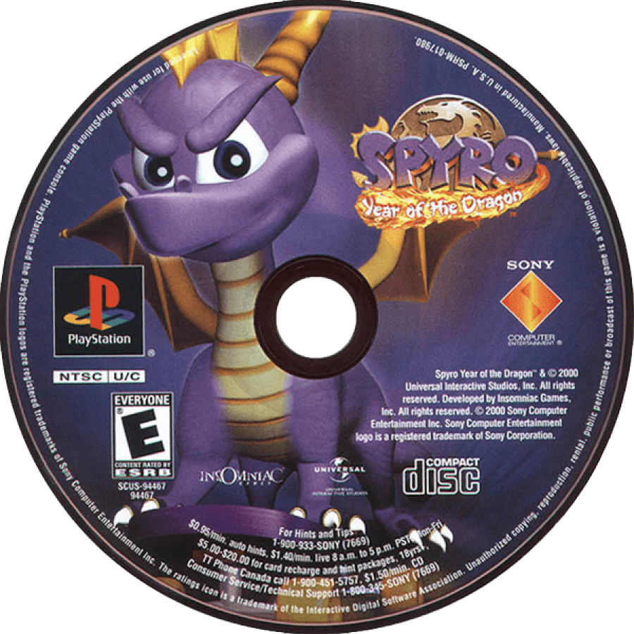 Spyro: Year of the Dragon disc for PlayStation 1 (PS1) platformer adventure video game