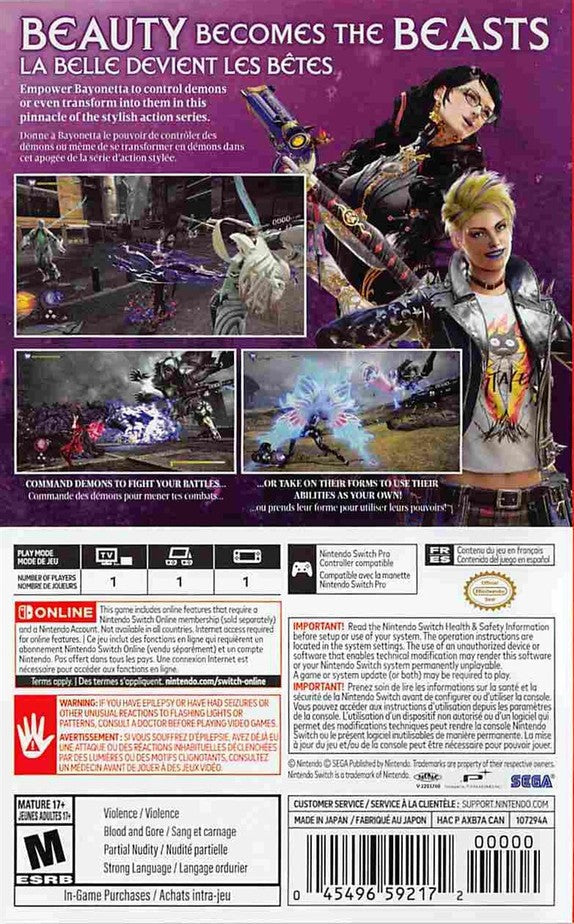 Bayonetta 3 Nintendo Switch game featuring fast-paced witch combat and cinematic action gameplay back cover
