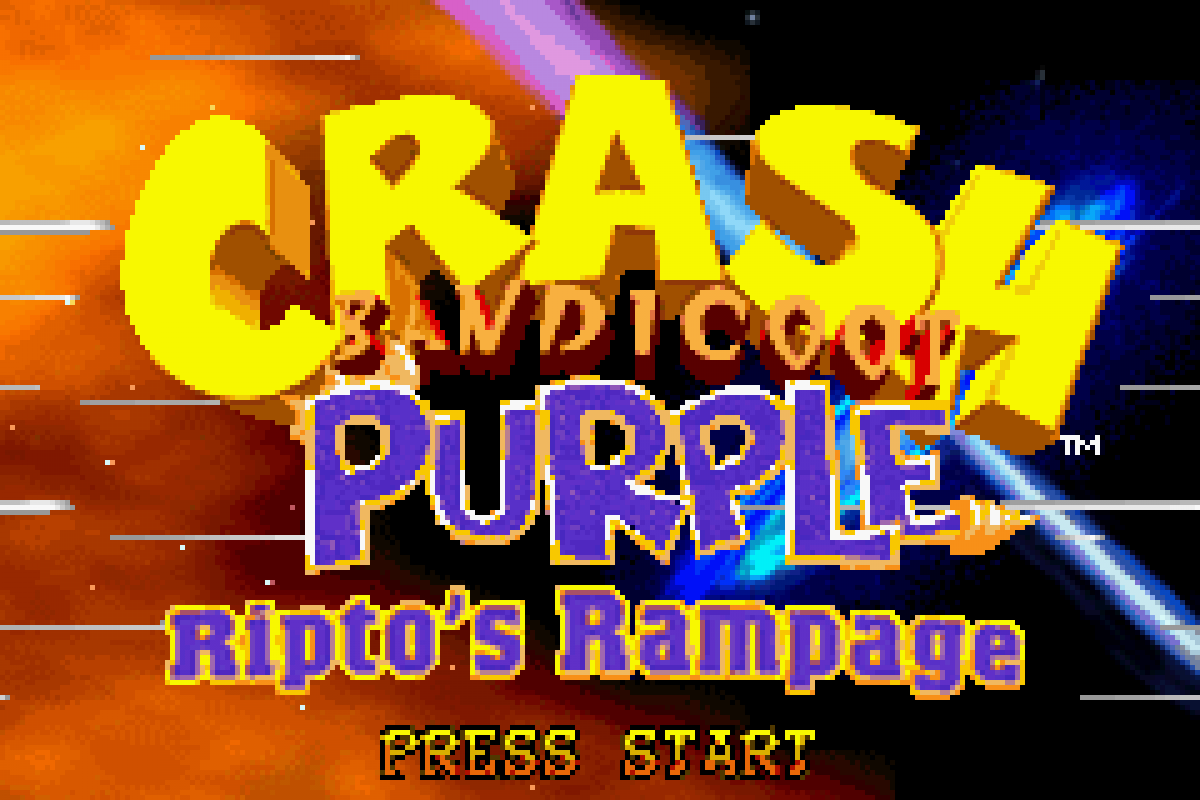 Crash Bandicoot Purple for Game Boy Advance, title screen for a party mini-game video game with crossover gameplay, character-based challenges, mini-games, and cartoon-style action