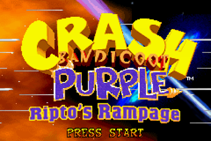 Crash Bandicoot Purple for Game Boy Advance, title screen for a party mini-game video game with crossover gameplay, character-based challenges, mini-games, and cartoon-style action