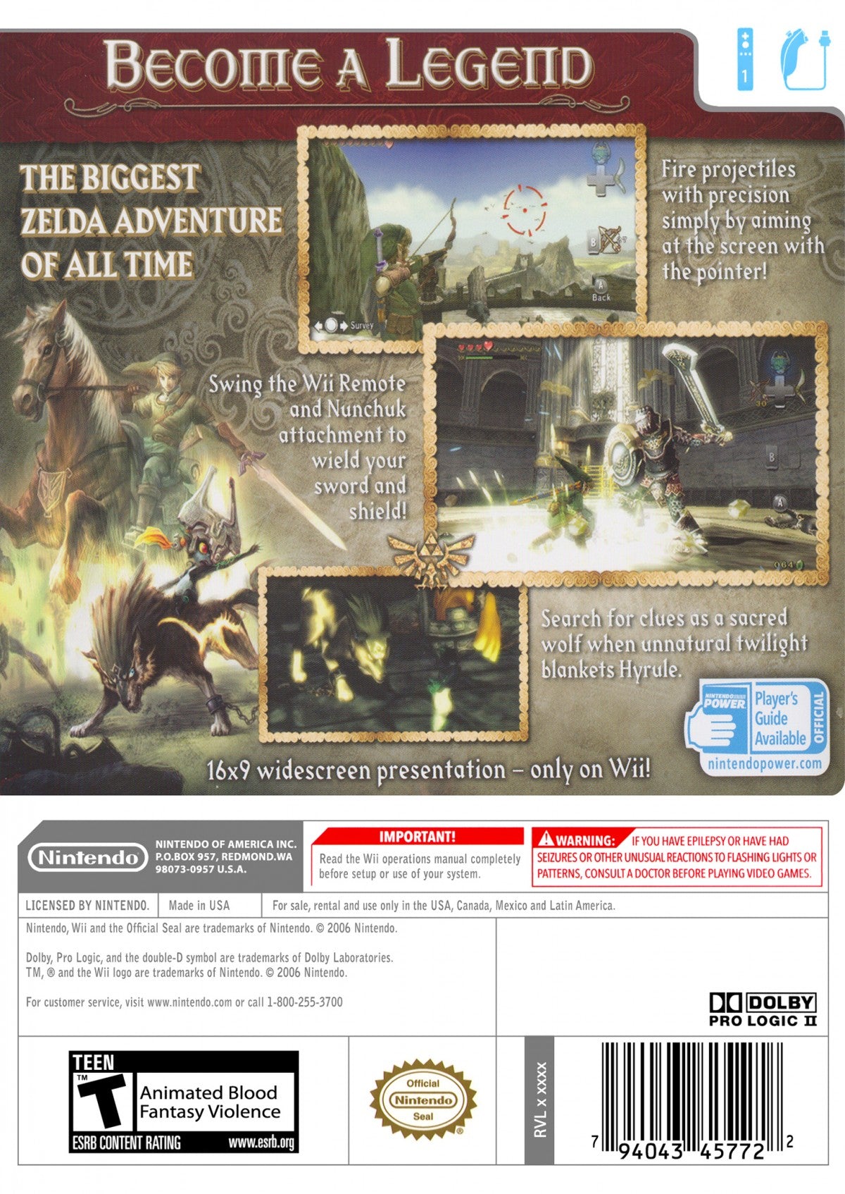 The Legend of Zelda: Twilight Princess cover art for Nintendo Wii (Wii) featuring epic action‑adventure gameplay with motion‑controlled sword combat, puzzle‑filled dungeons, and Link’s transformation into a wolf.