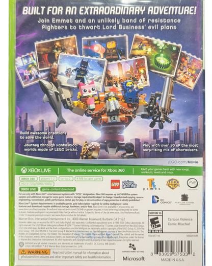 LEGO Movie Videogame Xbox 360 action-adventure building game based on the animated film with open-world exploration and humor back cover