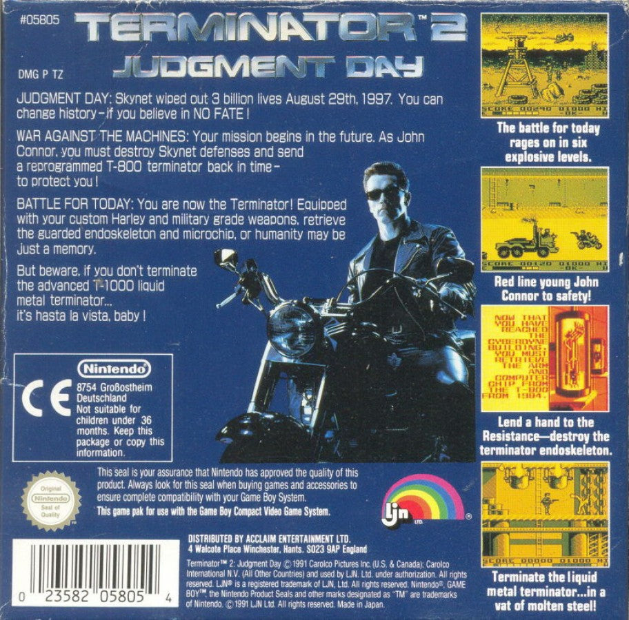Terminator 2 Judgment Day Game Boy for retro video game enthusiasts featuring action shooter gameplay futuristic war against machines side scrolling combat missions sci fi adventure elements challenging enemy encounters based on the iconic Terminator franchise and collectible gaming appeal back cover 