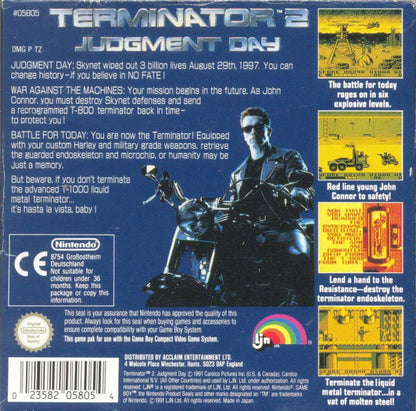 Terminator 2 Judgment Day Game Boy for retro video game enthusiasts featuring action shooter gameplay futuristic war against machines side scrolling combat missions sci fi adventure elements challenging enemy encounters based on the iconic Terminator franchise and collectible gaming appeal back cover 