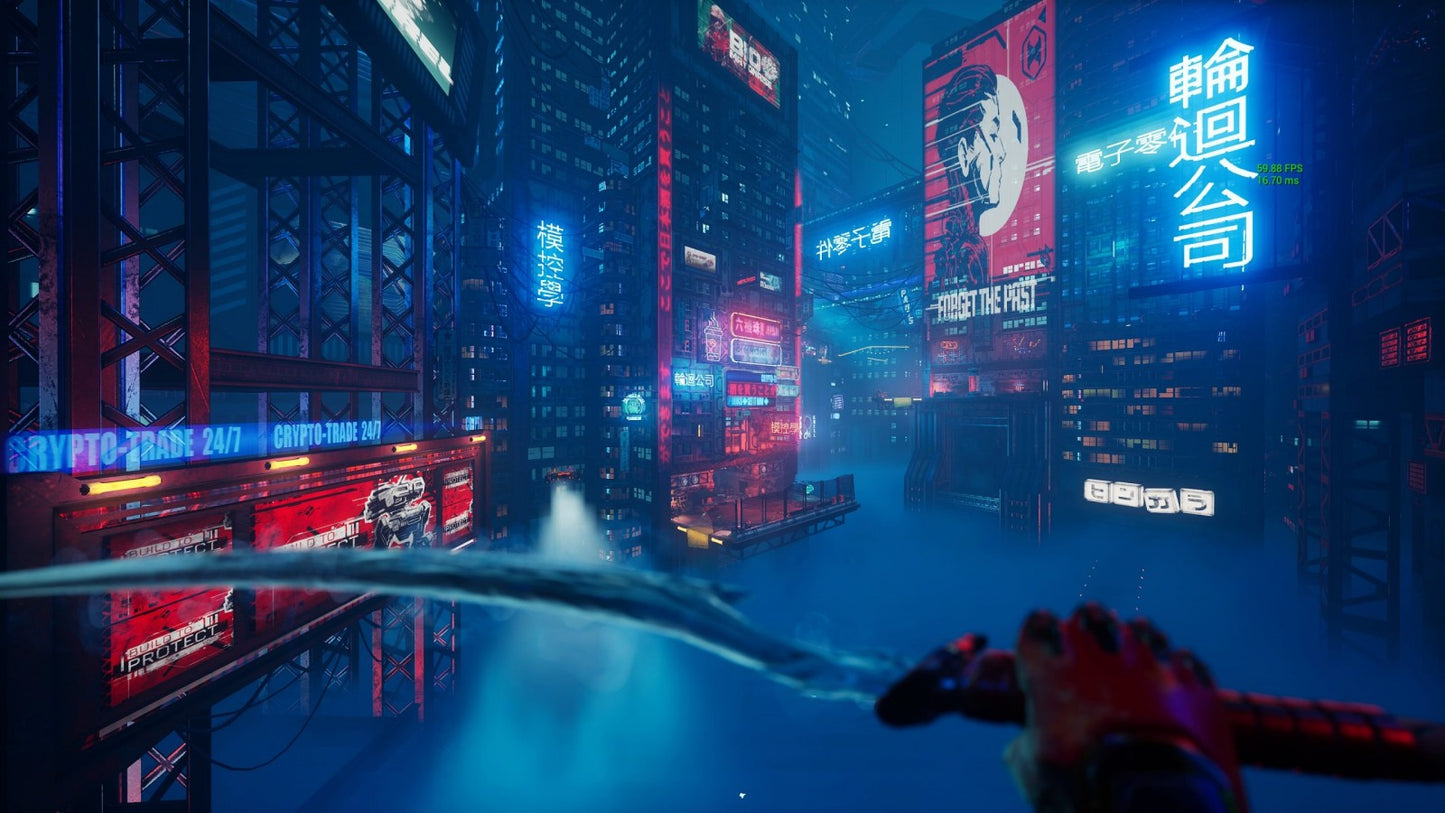 Ghostrunner game for the Xbox Series X featuring fast paced first person action gameplay with parkour movement one hit combat cyberpunk environments and precision platforming as players slice through enemies in a futuristic city gameplay