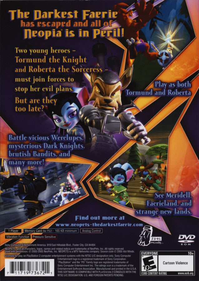 Neopets The Darkest Faerie PS2 Sony PlayStation 2 action adventure fantasy RPG Neopia exploration puzzle solving sword combat magic abilities story driven gameplay family friendly retro gaming PlayStation 2 software video game title back cover art