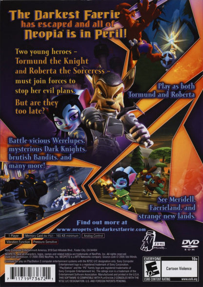 Neopets The Darkest Faerie PS2 Sony PlayStation 2 action adventure fantasy RPG Neopia exploration puzzle solving sword combat magic abilities story driven gameplay family friendly retro gaming PlayStation 2 software video game title back cover art