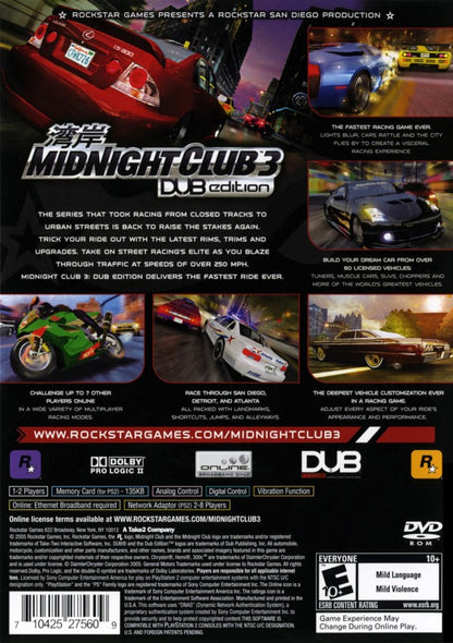 Midnight Club 3 DUB Edition PS2 Sony PlayStation 2 street racing game open world driving Rockstar Games customizable cars SUVs motorcycles urban racing high speed arcade racing multiplayer racing PlayStation 2 software video game title back art 