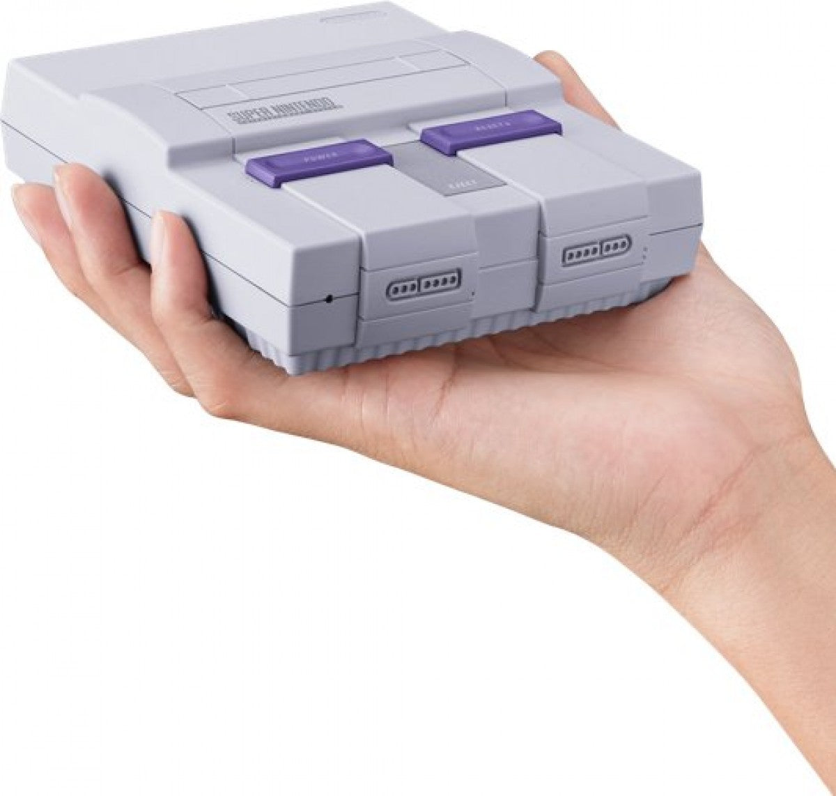 Front view of the Super Nintendo Entertainment System (SNES) Mini console with gray casing and purple power and reset buttons.
