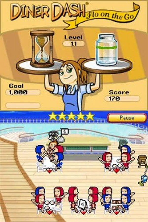 Diner Dash Flo on the Go Nintendo DS video game, time management puzzle gameplay, casual arcade fun, handheld console title gameplay screenshot
