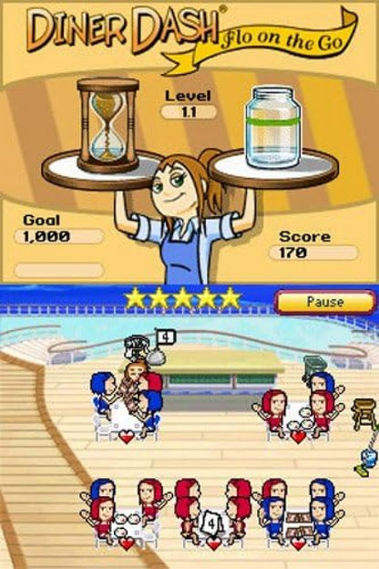Diner Dash Flo on the Go Nintendo DS video game, time management puzzle gameplay, casual arcade fun, handheld console title gameplay screenshot