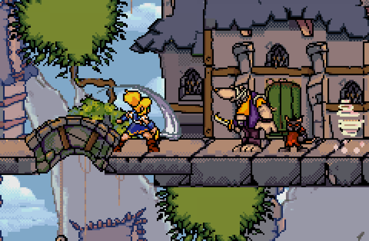Lady Sia for Game Boy Advance (GBA), gameplay for a retro video game featuring side-scrolling platforming gameplay, fantasy combat, magical abilities, challenging levels, and action-adventure exploration