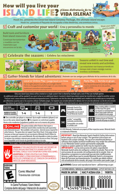 Animal Crossing New Horizons back of box for Nintendo Switch NS video game