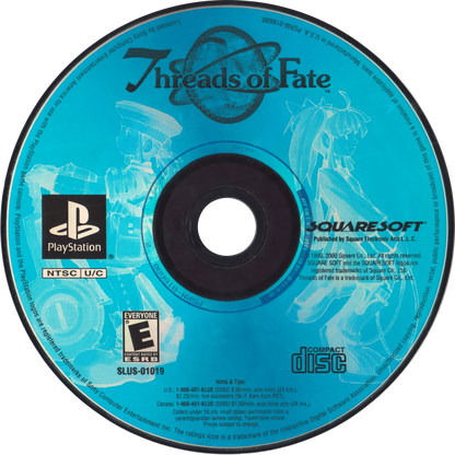 Threads of Fate Sony PlayStation PS1 video game featuring action role playing gameplay Rue and Mint characters fantasy adventure real time combat magical abilities character transformations exploration quests and classic 32 bit PlayStation gameplay retro video game collection collectible gaming appeal disc art