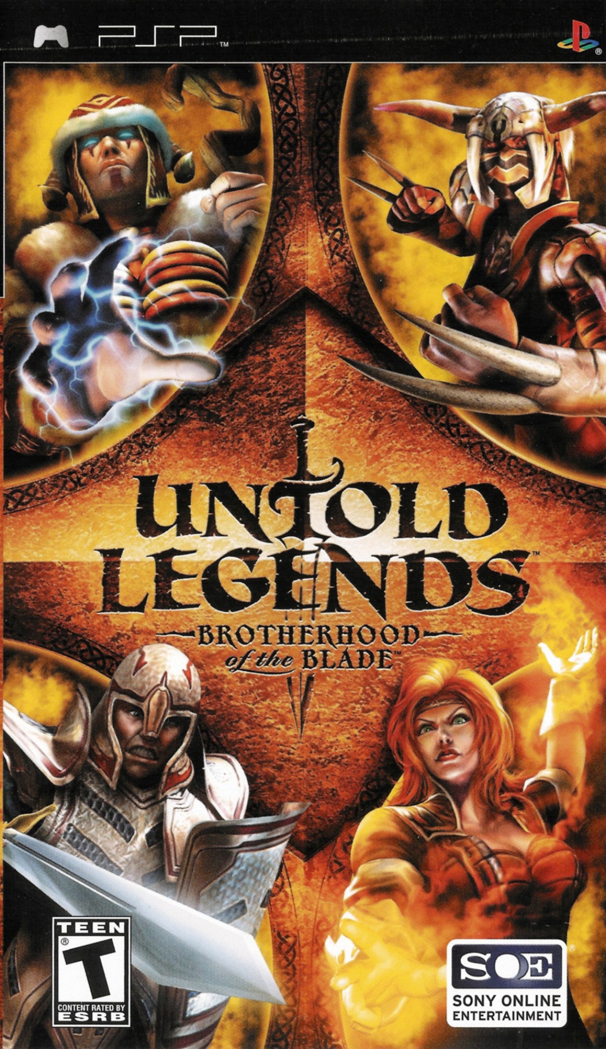 Untold Legends Brotherhood of the Blade PlayStation Portable PSP inspired design featuring fantasy action role playing adventure aesthetic dungeon crawling combat customizable character classes hack and slash gameplay medieval dark fantasy environments and portable RPG progression presentation front cover