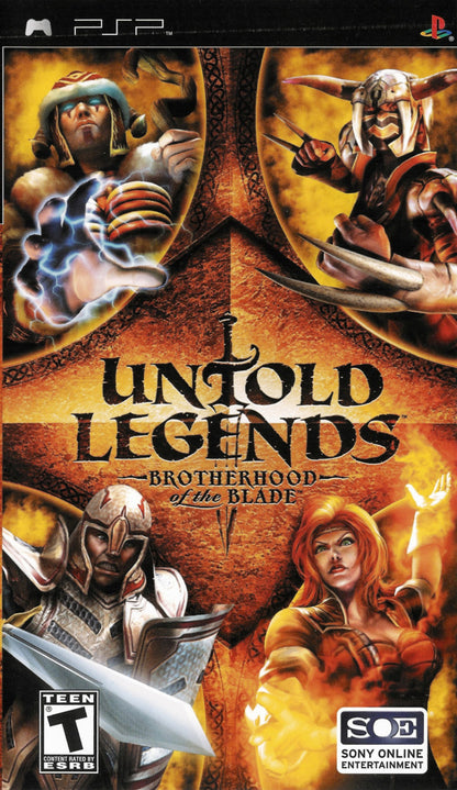 Untold Legends Brotherhood of the Blade PlayStation Portable PSP inspired design featuring fantasy action role playing adventure aesthetic dungeon crawling combat customizable character classes hack and slash gameplay medieval dark fantasy environments and portable RPG progression presentation front cover