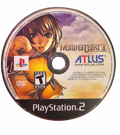 Magna Carta Tears of Blood PlayStation 2 PS2 role playing video game featuring fantasy adventure turn-based combat strategic battles character development magical abilities detailed environments challenging enemies story-driven gameplay and classic PlayStation 2 PS2 gaming collectible retro gaming appeal disc
