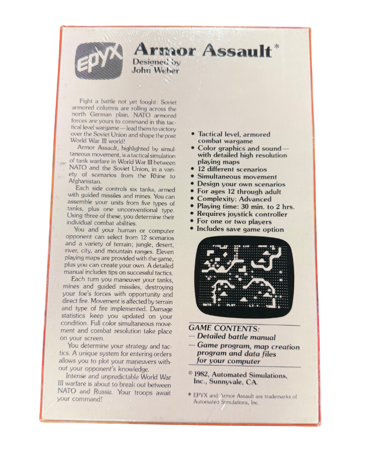 Armor Assault for the Atari 400 game featuring tactical tank strategy gameplay on Atari home computer systems back cover