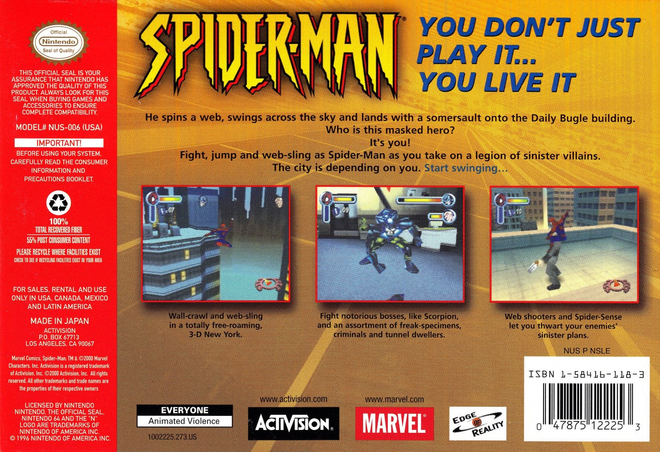 Spider-Man Complete in Box CIB Nintendo 64 N64 for retro video game enthusiasts featuring action adventure gameplay web swinging superhero combat iconic Marvel villains puzzle solving cinematic missions complete in box collectible gaming appeal back cover
