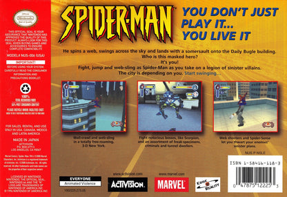 Spider-Man Complete in Box CIB Nintendo 64 N64 for retro video game enthusiasts featuring action adventure gameplay web swinging superhero combat iconic Marvel villains puzzle solving cinematic missions complete in box collectible gaming appeal back cover