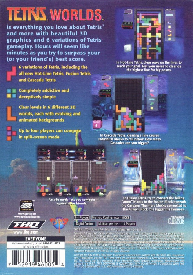 Tetris Worlds PS2 Sony PlayStation 2 puzzle game block stacking falling tetromino shapes classic arcade puzzle gameplay single player multiplayer modes high score challenge Atari Tetris franchise retro gaming PlayStation 2 software video game title back cover art