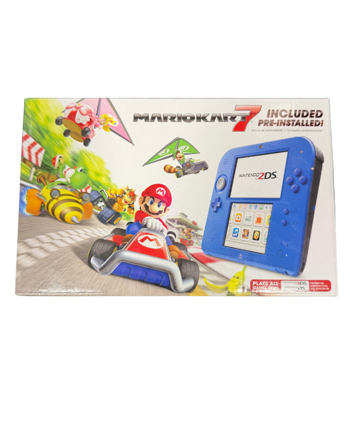 Nintendo 2DS Mario Kart 7 Bundle Electric Blue console featuring built-in Mario Kart 7 game, durable wedge design, and portable handheld gaming fun in box