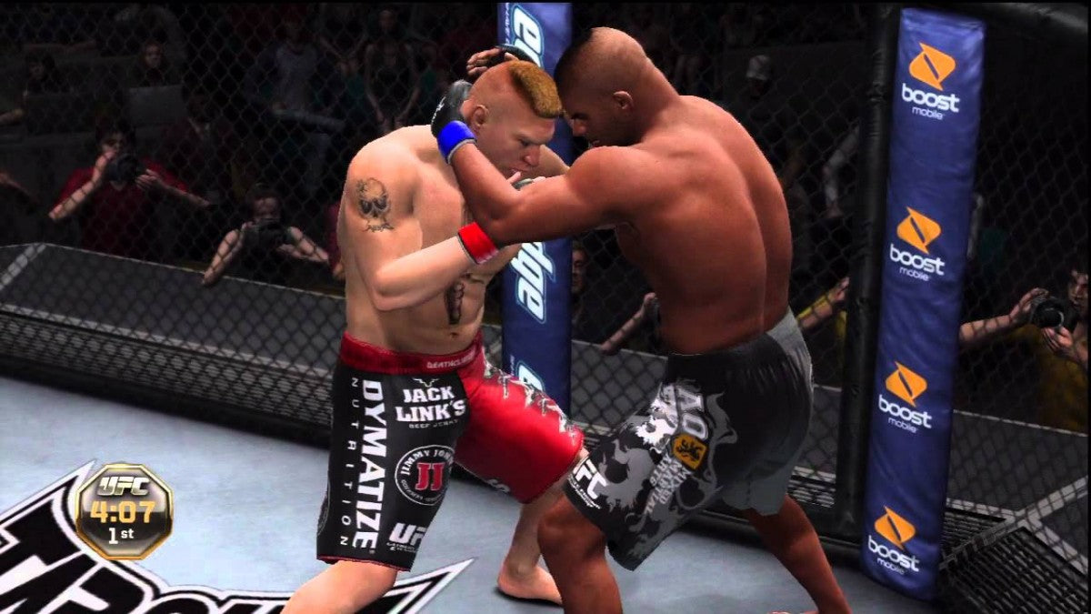 UFC Undisputed 3 Xbox 360 inspired design featuring mixed martial arts sports simulation aesthetic realistic MMA combat octagon fights licensed UFC fighters intense grappling striking gameplay competitive championship atmosphere nostalgic THQ sports presentation gampelay 