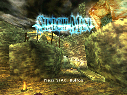 Shadow Man PlayStation 1 PS1 for action adventure retro video game fans featuring supernatural horror exploration dark fantasy combat voodoo mythology puzzle solving atmospheric environments undead enemies collectible gaming appeal title screen
