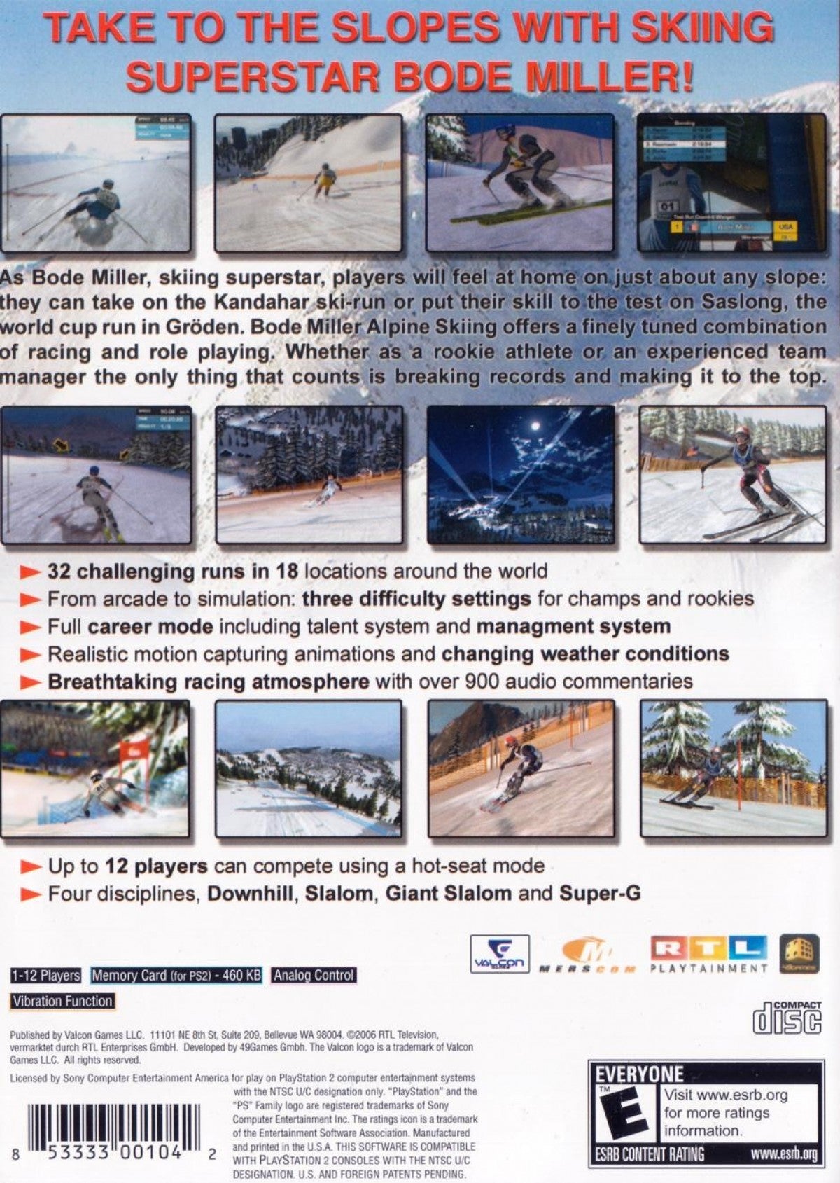 Bode Miller Alpine Skiing for PlayStation 2 with downhill racing and winter sports back cover art