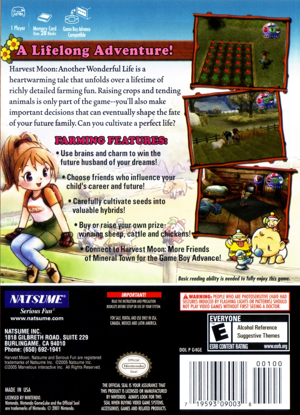 Harvest Moon Another Wonderful Life for Nintendo GameCube farming simulation RPG featuring crop growing livestock raising marriage system village life and seasonal events gameplay back cover