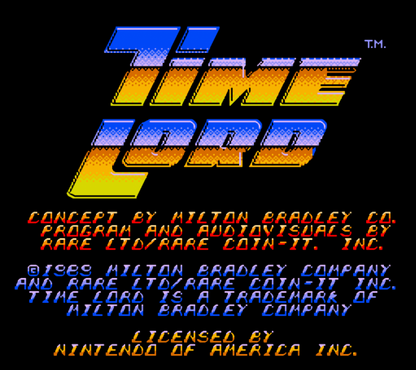 Time Lord retro NES video game Time Lord action adventure time travel platform gameplay combat historical eras classic console title Nintendo Entertainment System release title screen