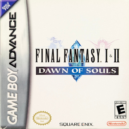 Final Fantasy I & II: Dawn of Souls [CIB] for Game Boy Advance (GBA) featuring enhanced portable versions of the first two classic RPGs with updated visuals, rebalanced gameplay, and extra bonus dungeons; assemble your party, explore iconic worlds, and relive the origins of Final Fantasy in a collector-friendly complete-in-box release front cover