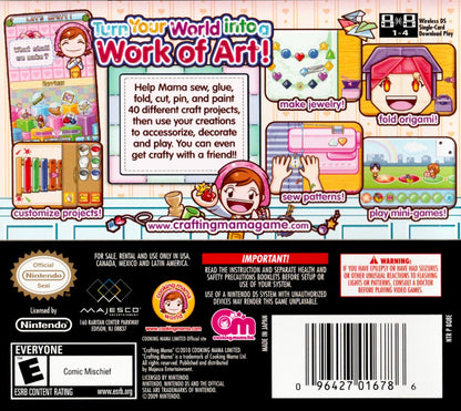 Crafting Mama Nintendo DS for simulation video game fans featuring creative arts and crafts projects touch screen controls family friendly gameplay colorful mini games crafting activities fun challenges imaginative handheld entertainment collectible gaming appeal back cover art