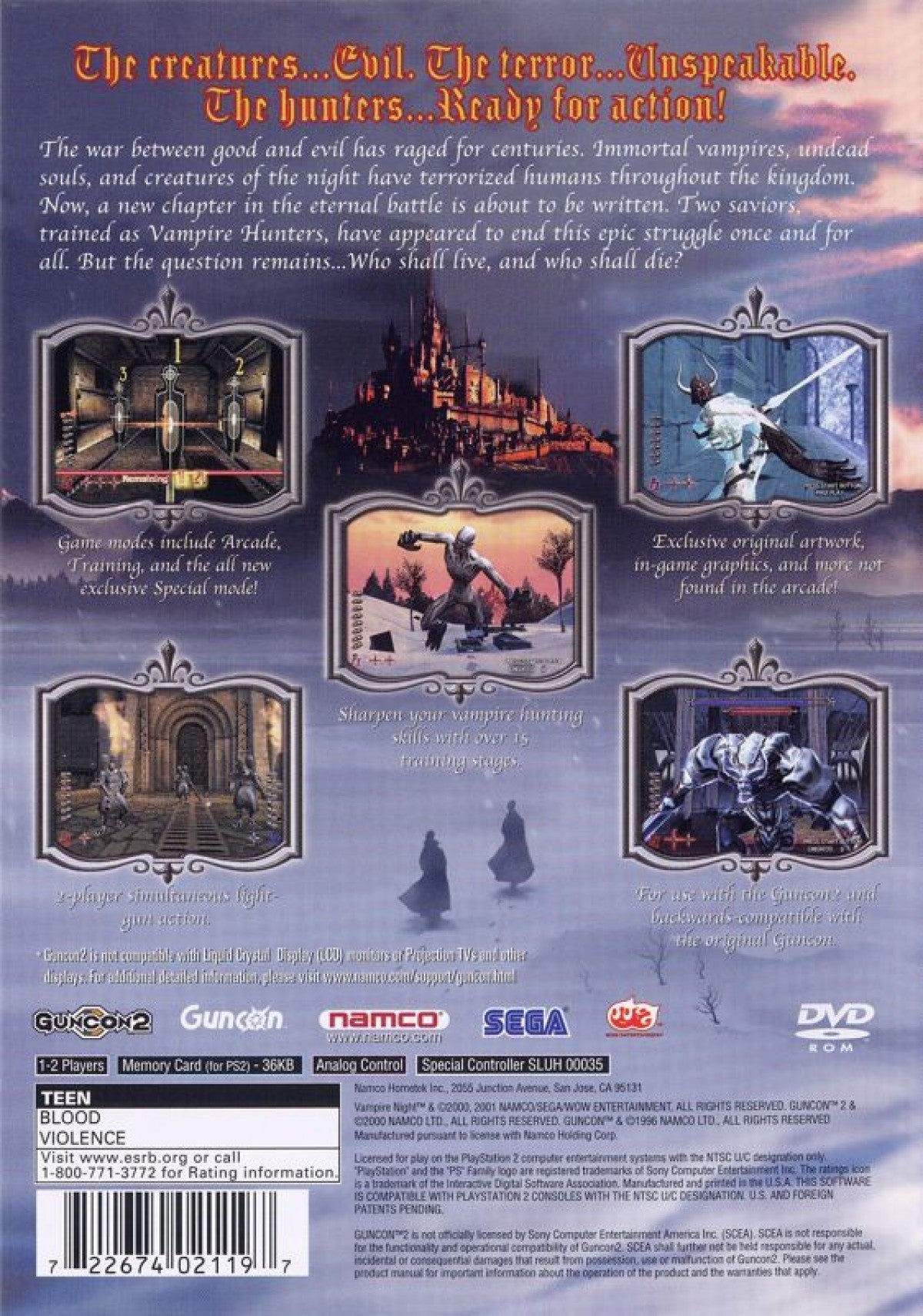 Vampire Night [Gun Bundle] – PlayStation 2 (PS2) video game back of case, light gun shooter.