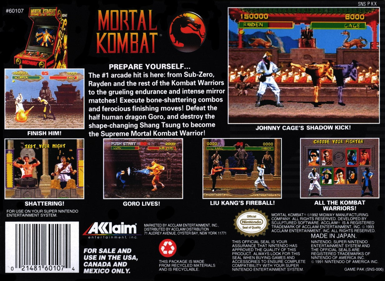 Mortal Kombat for Super Nintendo Entertainment System with classic 2D fighting and martial arts arcade action theme back cover