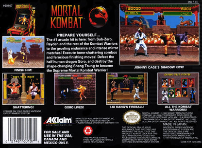 Mortal Kombat for Super Nintendo Entertainment System with classic 2D fighting and martial arts arcade action theme back cover