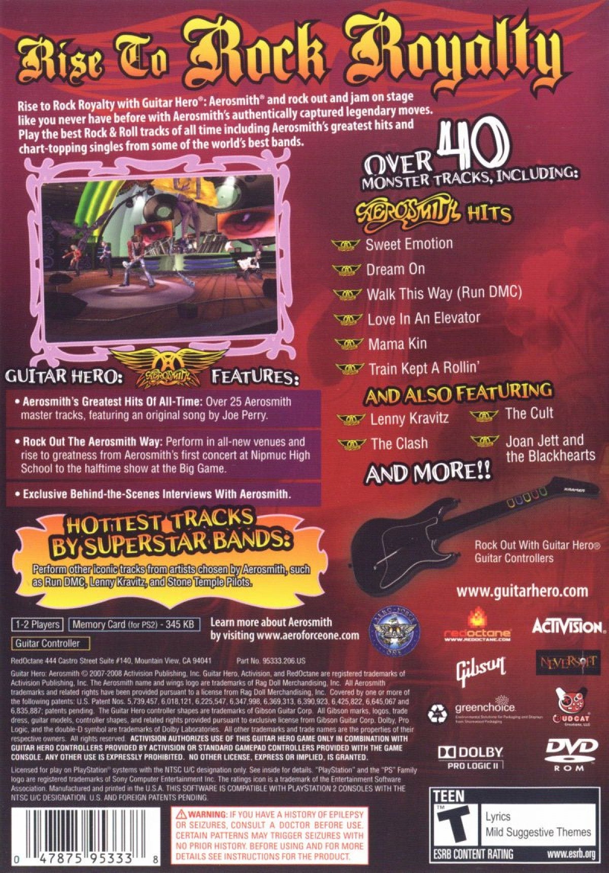 Guitar Hero Aerosmith PlayStation 2 PS2 for music rhythm video game fans featuring iconic Aerosmith songs guitar controller gameplay fast paced note matching career mode multiplayer rock performances classic rhythm action immersive soundtrack collectible gaming appeal back coverr art