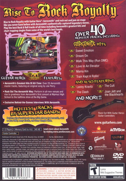 Guitar Hero Aerosmith PlayStation 2 PS2 for music rhythm video game fans featuring iconic Aerosmith songs guitar controller gameplay fast paced note matching career mode multiplayer rock performances classic rhythm action immersive soundtrack collectible gaming appeal back coverr art